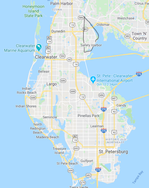 Map of Tampa, Clearwater and St. Petes, showing Safety Harbor.